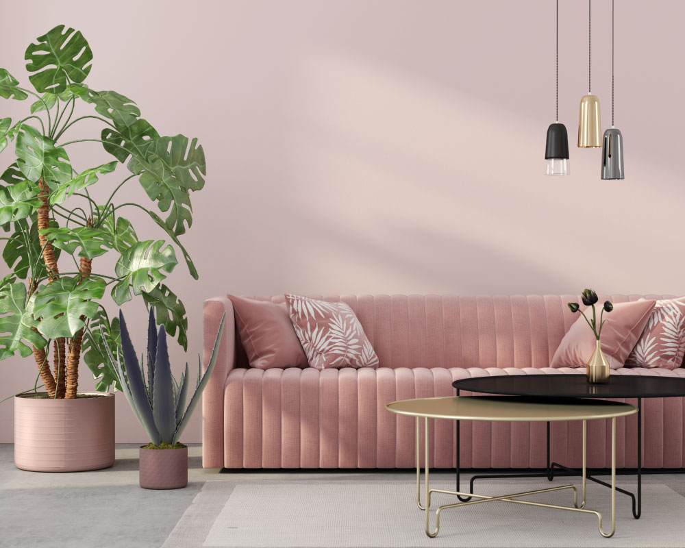 canapea roz in living cu masuta de cafea si plante naturale in ghivece decorative